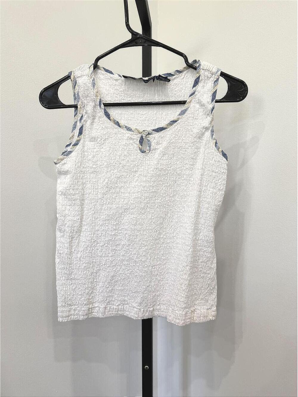 Angelique White Textured Sleeveless Top with Blue Trim M